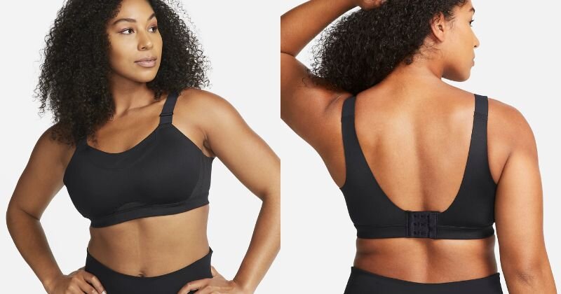 Nike sports bra in black with adjustable straps and picture of back clasp